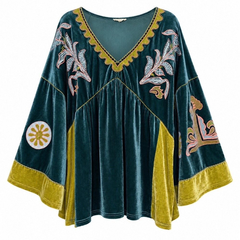 Easel Boho Whimsigoth Velvet Embroidered  Top Women 3X Whimsical Folk Peasant
